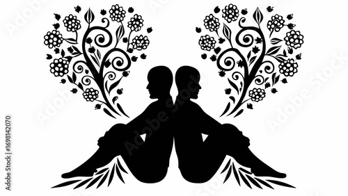 Silhouette of two people sitting back to back surrounded by floral designs in a black and white illustration