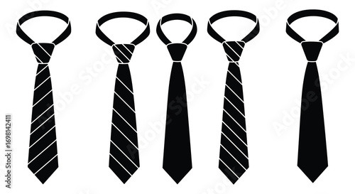 five black ties with varying patterns and designs displayed