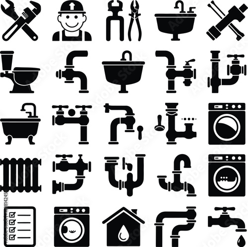 Plumbing services and repair icons vector set plumber equipment and sanitary engineering elements black silhouettes