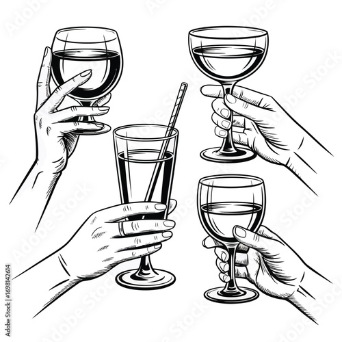 Set of four hands holding different glasses of drinks with a straw beverage