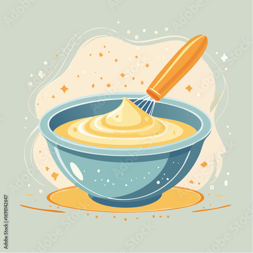 Creamy Yellow Batter Being Whisked in a Blue Bowl