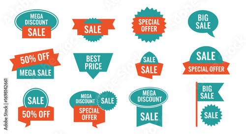 Collection of colorful sale and discount badges for retail promotions