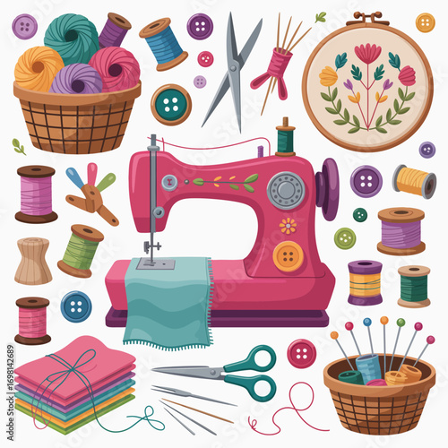 Sewing and embroidery supplies flat illustration sewing machine basket