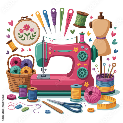 Sewing machine embroidery hoop and various sewing supplies with floral accents thread spools