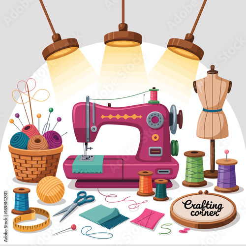 Sewing machine and crafting supplies flat illustration mannequin basket