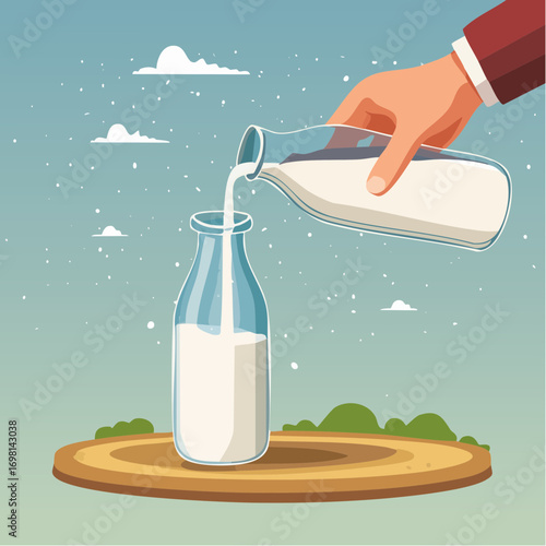 Pouring Milk Into Glass Bottle On Wooden Table With Rural Landscape