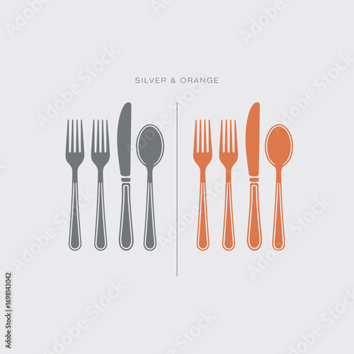 Silver and Orange Cutlery Set Arranged in Pairs Keywords: cutlery, silver, orange, fork, knife