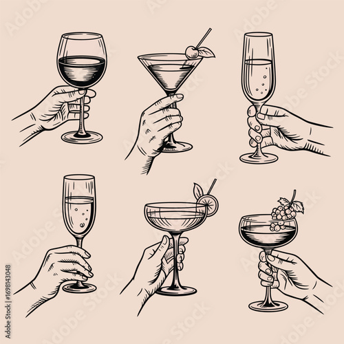 Six diverse hands holding various cocktail and wine glasses with drinks vector illustration