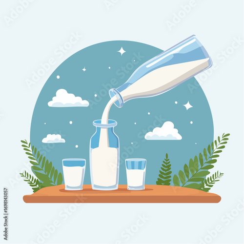 Pouring Milk into Glass Bottle on Table with Two Glasses at Night