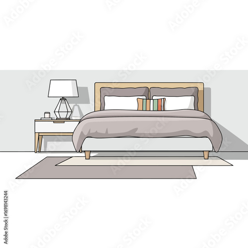 Modern bedroom interior design concept with a cozy bed and nightstand illustration.