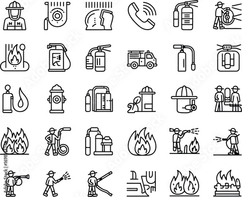 Firefighter safety equipment and emergency response icons for fire prevention and protection measures