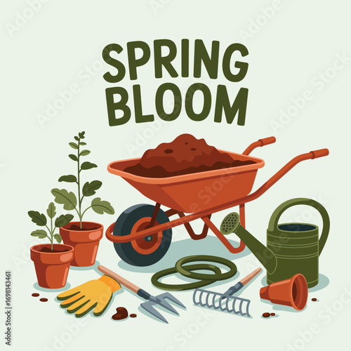 Spring bloom gardening illustration with wheelbarrow, plants, and tools vector