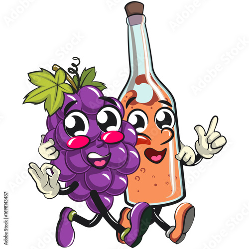 cute grape fruit mascot character vector illustration walk with a bottle of wine character while giving an ok sign, work of hand drawn