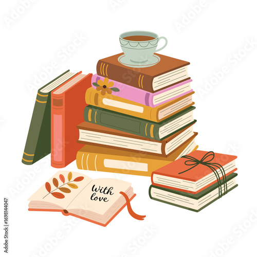 Stack of colorful books with a cup of coffee and a book with ' With love' Keywords: books, stack