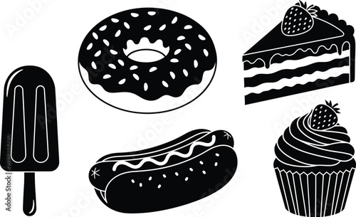 Collection of delicious sweet and savory treats, including a donut, cake slice, cupcake, popsicle, and hot dog.