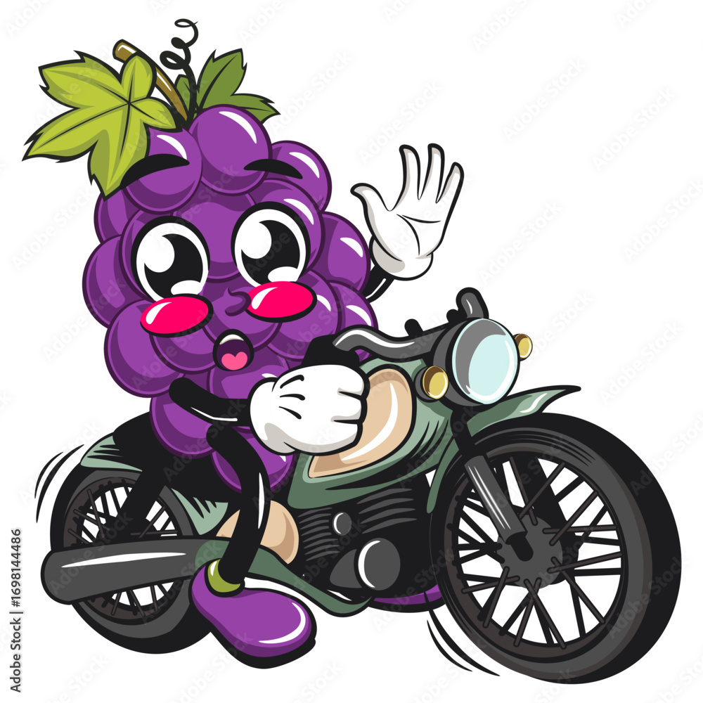 Fototapeta premium cute grape fruit mascot character vector illustration riding a big motorcycle, work of hand drawn
