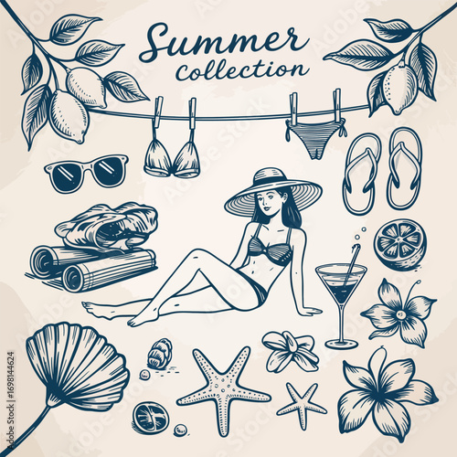 Summer collection of beach and vacation items in vintage style bikini