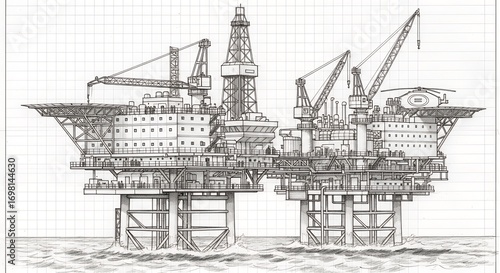 Detailed Offshore Oil Platform Engineering Drawing in Black and White