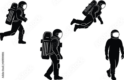 Astronaut in silhouette in various dynamic poses, exploring the unknown
