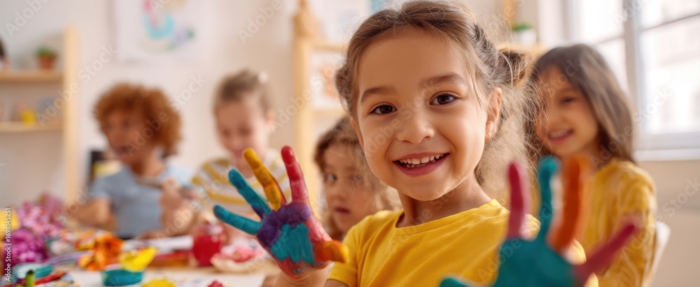 Fototapeta premium The children with colorful painted hands enjoying a joyful art class and play