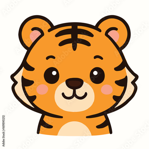 Cute smiling tiger cub head cartoon character illustration. Adorable jungle animal vector graphic.