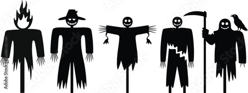 Group of spooky halloween scarecrows silhouettes on white background