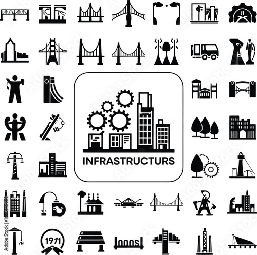 Infrastructure icons set vector design collection for construction and urban development projects