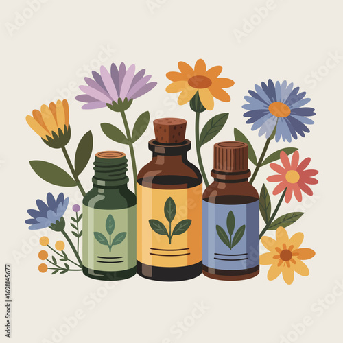 Three glass bottles with cork stoppers surrounded by colorful flowers essential oil bottles