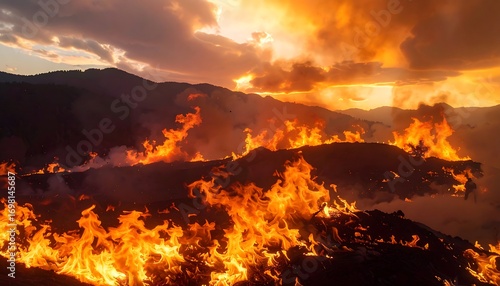 Dramatic wildfire sunset over mountains
