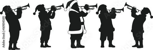 Christmas trumpeters silhouette, Santa and elves playing trumpets, festive music scene, holiday celebration vector, marching band style, black Christmas icon set