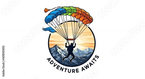 Parachuting Adventure Logo with Mountain Scene and Colorful Parachute