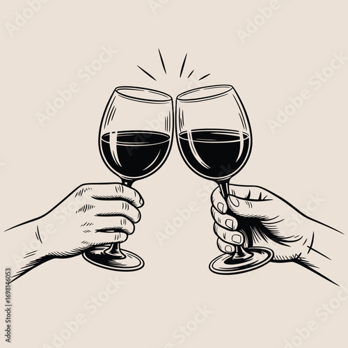 Two hands clinking wine glasses filled with red wine in a vintage illustration style