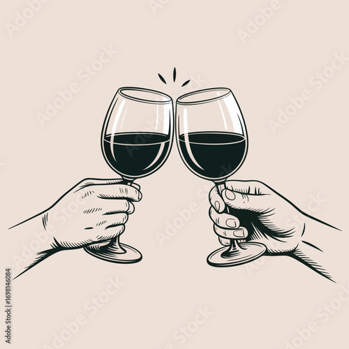 Two hands clinking wine glasses in a toast with a vintage illustration style Keywords: hands