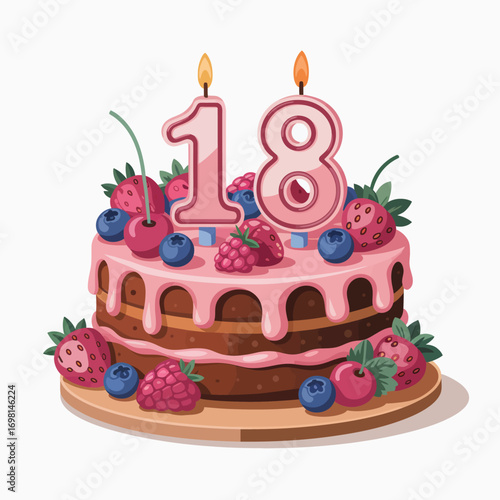 Two Tiered Birthday Cake Decorated with Berries and Candles Keywords: birthday cake, number 18