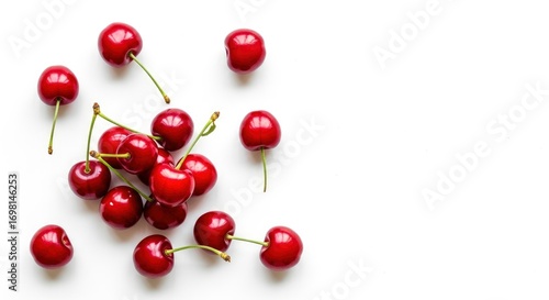 Vibrant sweet red cherries with green stems scattered on a clean white background, offering ample copy space. Ideal for healthy food and fresh fruit concepts.