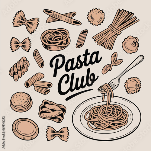 Variety of Pasta Shapes and " Pasta Club" Text on a Light Background Keywords: pasta, food