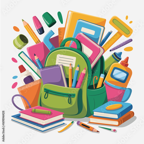 Vibrant Backpack Overflowing with School Supplies and Stationery Keywords: school supplies
