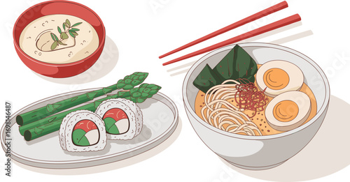Delicious Japanese cuisine vector illustration with sushi rolls, ramen bowl with boiled eggs, asparagus, and miso soup, healthy meal, traditional Asian food concept

K