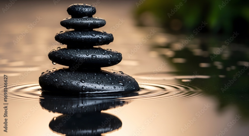 Obraz premium Zen stones stack with water reflection wellness concept