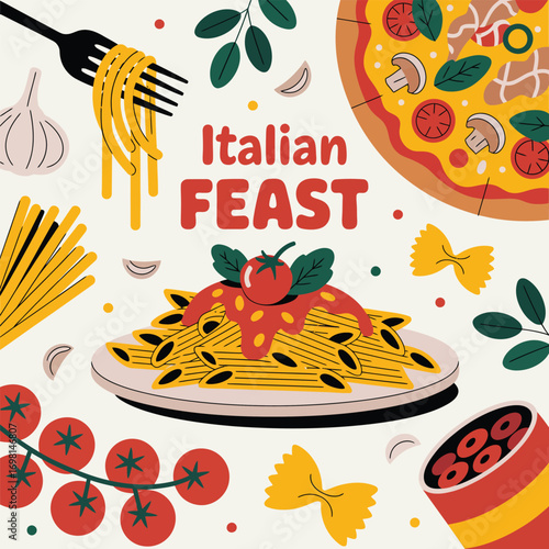 Vibrant Italian Feast Illustration with Pasta Pizza and Ingredients Keywords: italian food