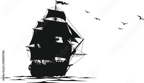 a pirate ship sailing with birds flying silhouette on transparent background