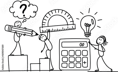 Hand-drawn education concept illustration, people with calculator, pencil, protractor, idea light bulb, learning and problem solving, math tools vector drawing