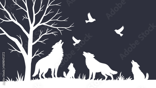 Howling wolves silhouette with birds flying, wild forest scene, nature wildlife, animal pack, moonlight background, peaceful wilderness, outdoor adventure vector illustration