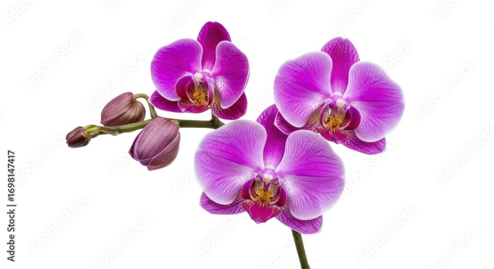 Obraz premium Vibrant purple orchid flowers and buds in full bloom, elegantly displayed on a clean white background. Showcasing natural beauty and delicate details.