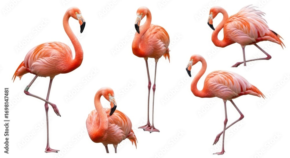 Obraz premium A collection of vibrant pink flamingos in various elegant poses, isolated on a clean white background, showcasing their striking plumage and graceful forms.