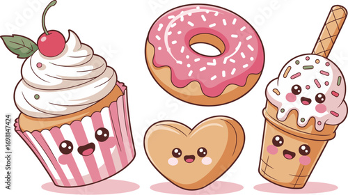 Kawaii desserts clipart, cute cupcake donut ice cream vector, heart cookie illustration, pink sweet cartoon food with smiling faces