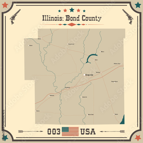 Large and accurate map of Bond County, Illinois, USA with vintage colors.