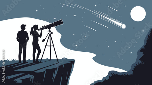 People stargazing at night, telescope on cliff, shooting stars in sky, full moon scene, astronomy observation vector, night sky illustration