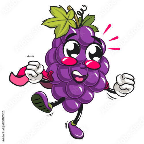 cute grape fruit mascot character vector illustration as flying superhero wearing a robe, work of hand drawn