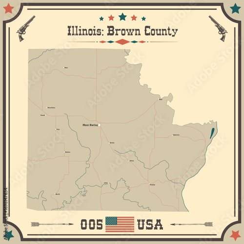 Large and accurate map of Brown County, Illinois, USA with vintage colors.